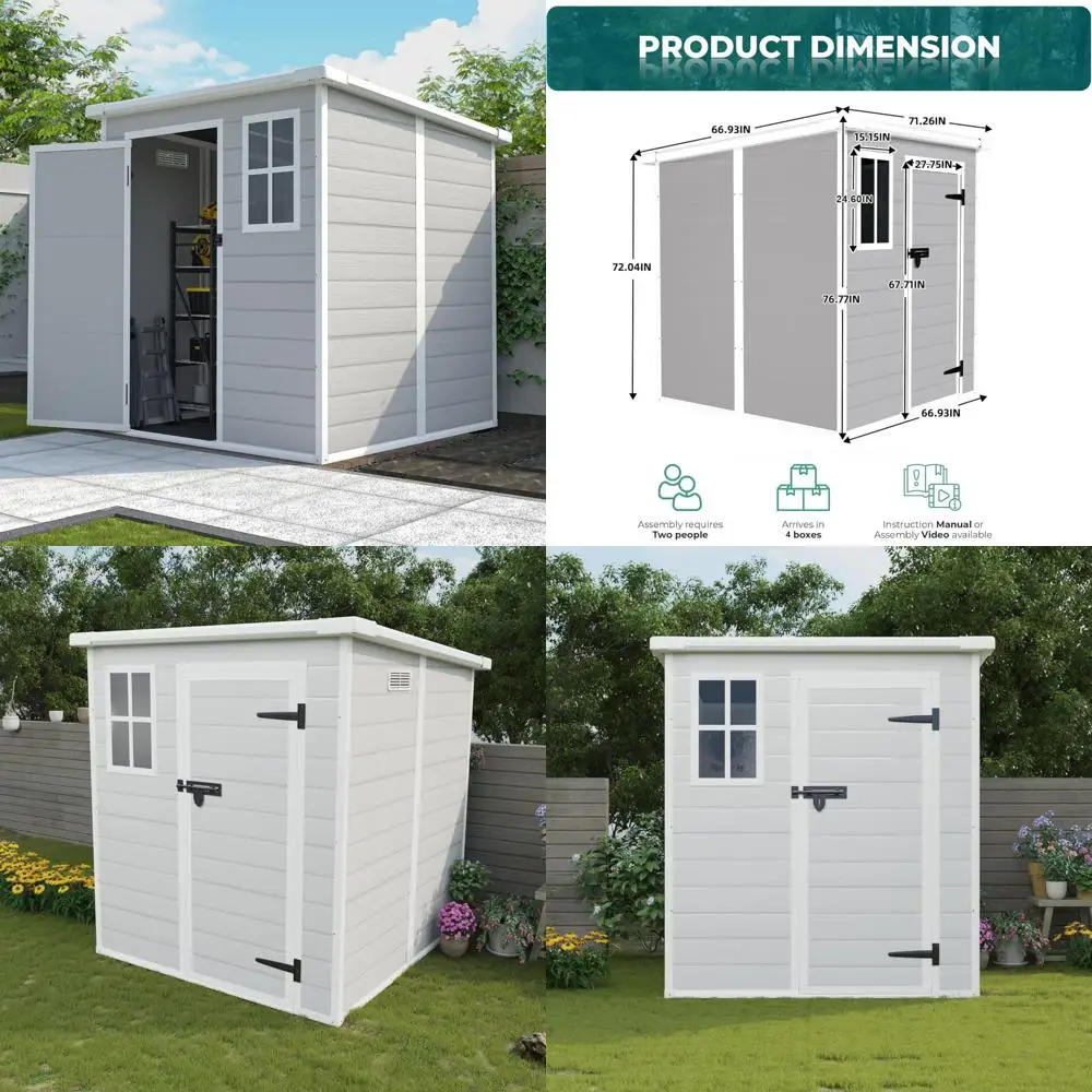 

Наружный сарай для хранения из смолы 6x6 футов с полкой, окном, запирающейся дверью и водонепроницаемыми функциями для мебели и инструментов для патио