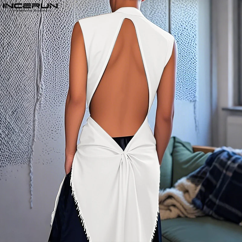

Men Shirt Solid Color V Neck Sleeveless Hollow Out Male Tops Streetwear Lace Up Sexy Fashion Long Style Shirts Men S-5XL INCERUN
