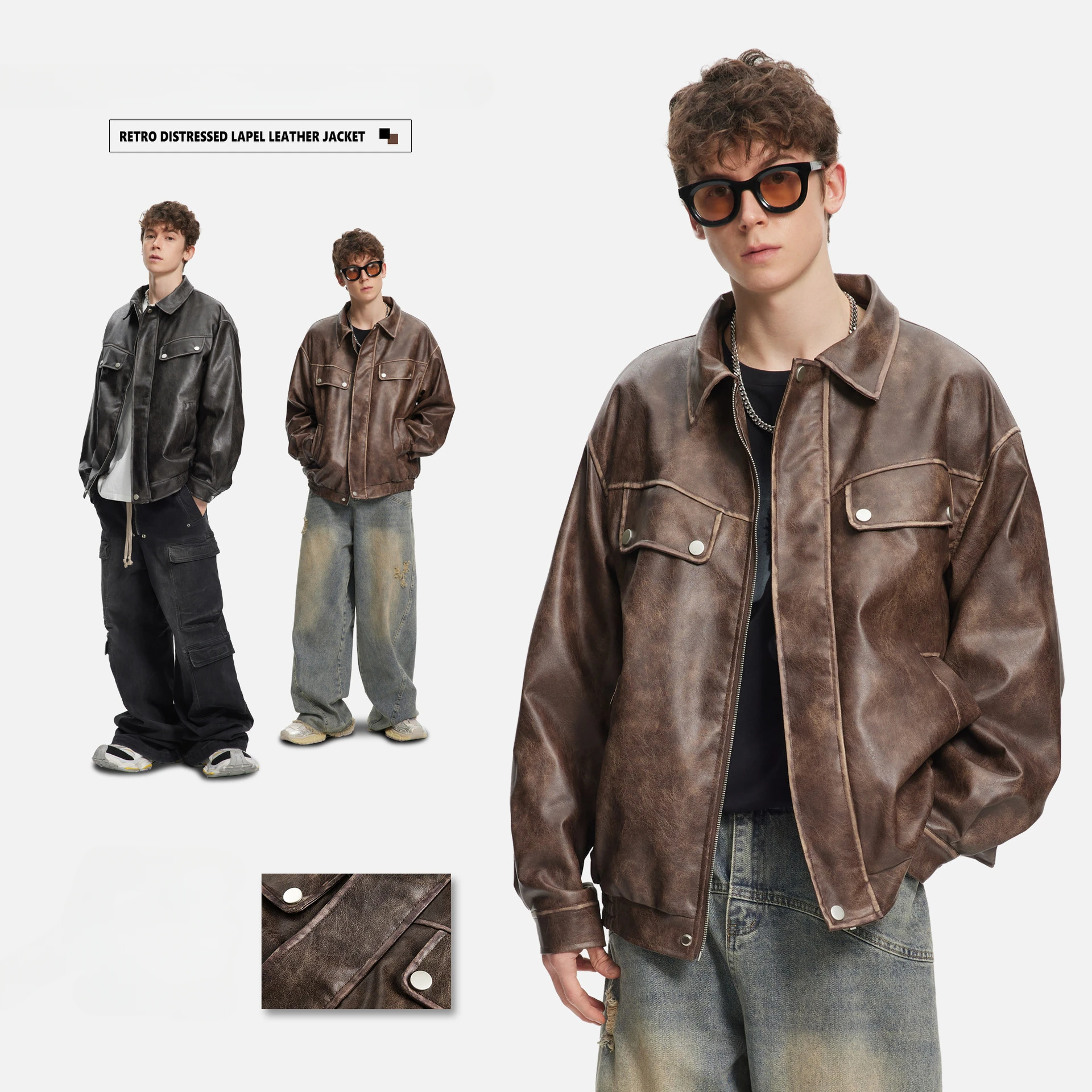

American Fashion PU Leather Splicing Windproof Hooded Leather Women Loose Couple Zipper Vintage Motorcycle Jacket