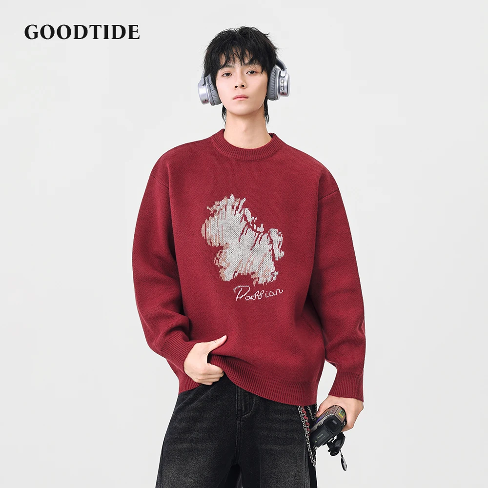 

Модный мужской повседневный свитер с круглым вырезом, зима 2025 года, новый вязаный пуловер с абстрактным узором и буквенным принтом, мягкий топ с длинными рукавами