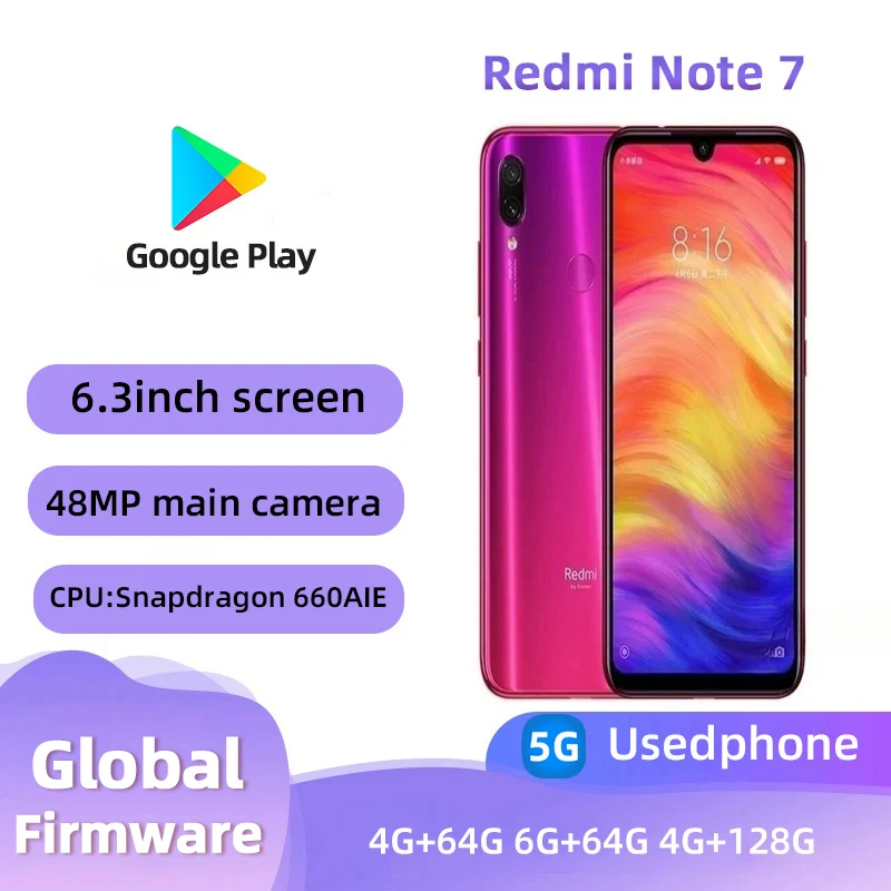 Redmi Note 7 4G Unlocked 6.3-inch Screen CPU Qualcomm Snapdragon 660AIE Good condition Used phone