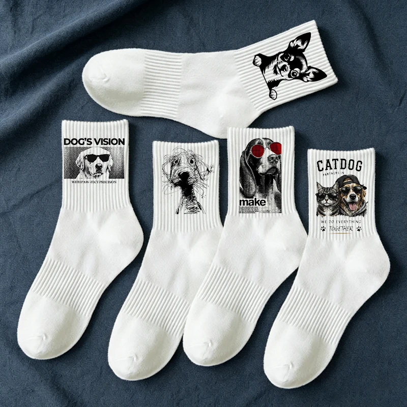 1pc/5Pairs 2026 New Men Cute Cat Dog Animal White Socks Men Soft Breathable Sports Long Socks for Male Socks Plus Size