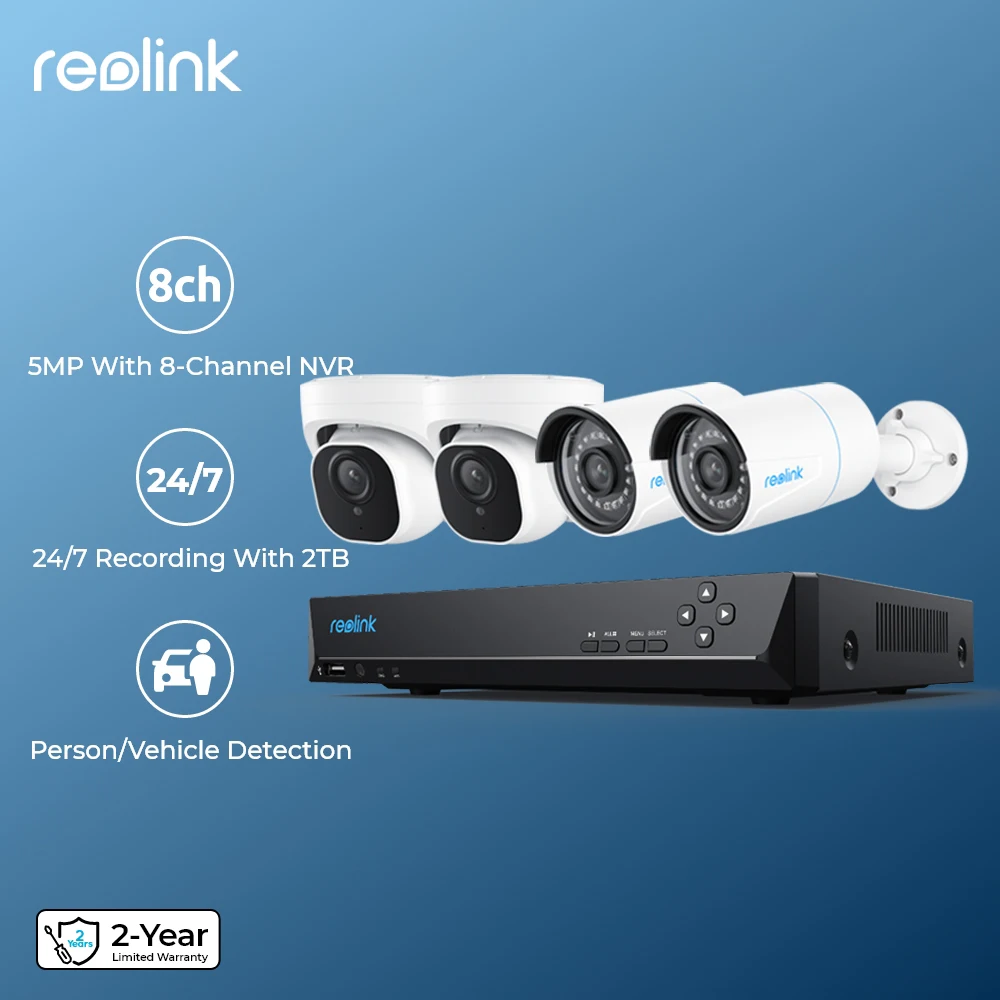 Reolink 5MP 8CH Home Security Camera System with Smart Detection Outdoor PoE IP Cameras NVR 2TB HDD Included for 24/7 Recording