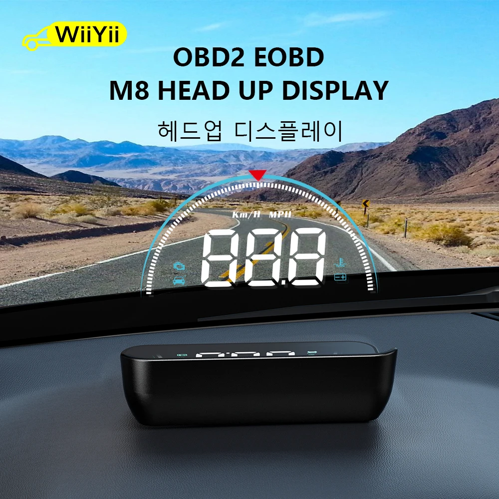 WIIYII – système d\'avertissement de survitesse M8 HUD, affichage tête haute pour voiture, OBD2 II EUOBD, pare-brise de projecteur, alarme de tension