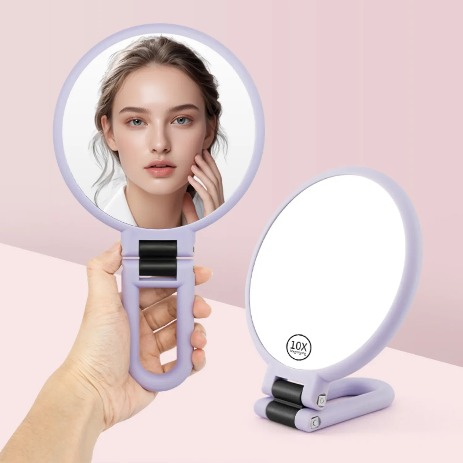 10X Magnification Travel Mirror, Dual-Sided Portable Makeup Mirror, Lightweight Foldable Vanity Mirror with Stand, Handheld & Ha