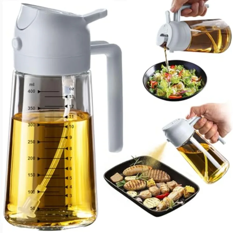 16oz/470ml Glass Olive Oil Sprayer for Cooking 2 in 1 Olive Oil Dispenser Bottle for Kitchen Gadgets and Air Fryer Accessories,