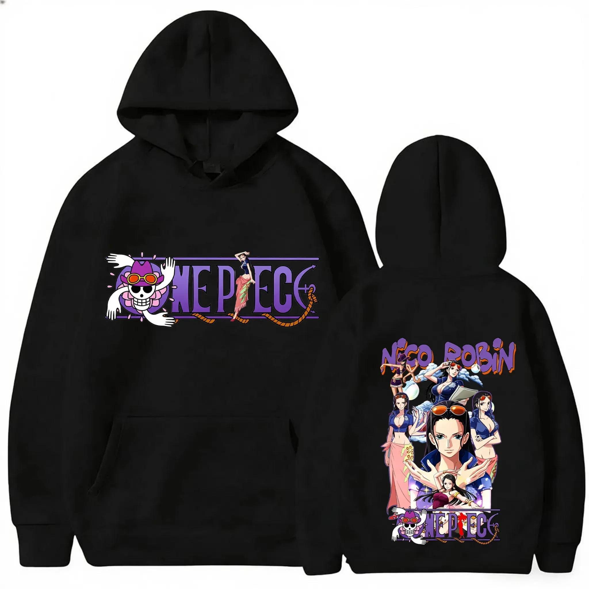 One Piece Nico Robin Cartoon Front & Back Print Hoodie Unisex Anime Streetwear Casual Long Sleeve Pullover Sweatshirt