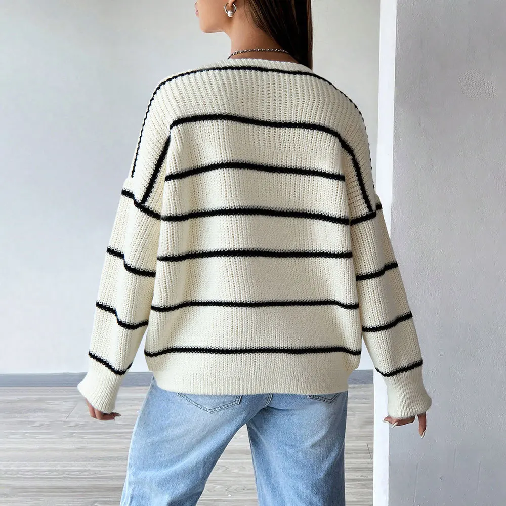 Striped Autumn Women's Cardigan Color Blocked Single Breasted Pockets Female's Knit Sweater Slouchy-Style Slim Knitwear For Lady