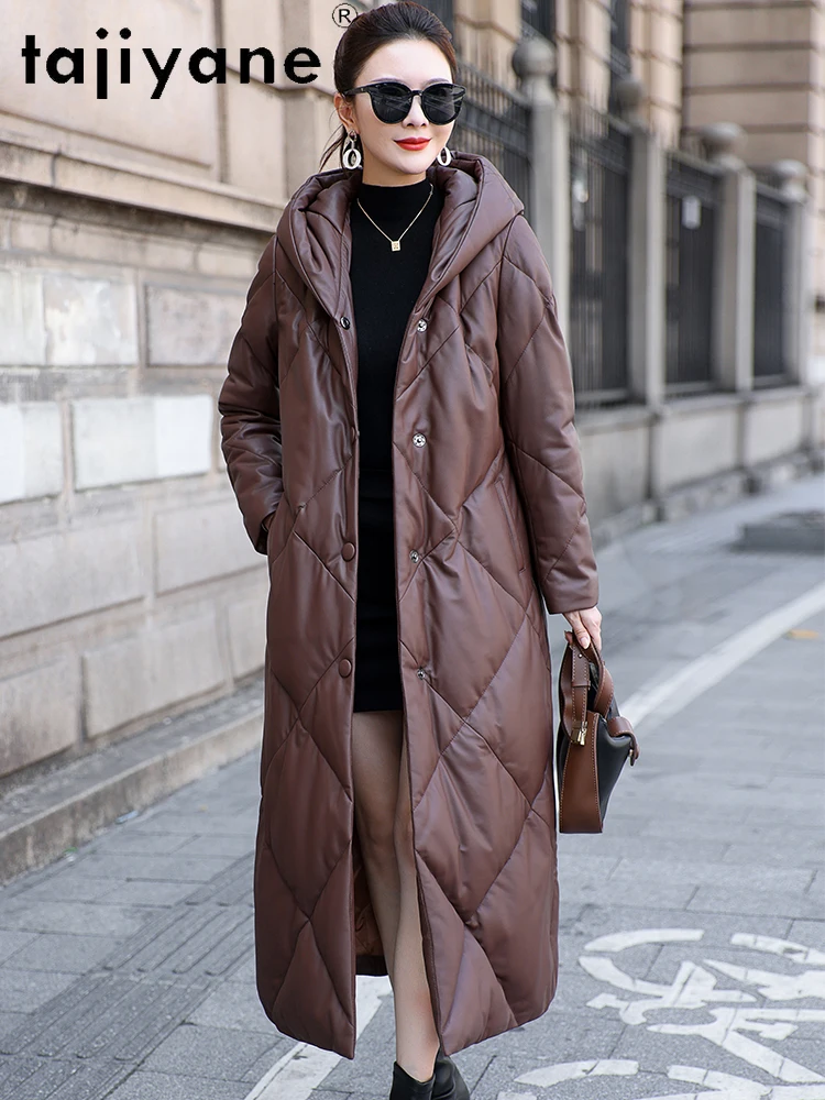 TAJIYANE Real Sheepskin Goose Down Coat Women Long Slim Belt Puffer Jackets Hooded Genuine Leather Jacket Woman Clothes 2025 코트