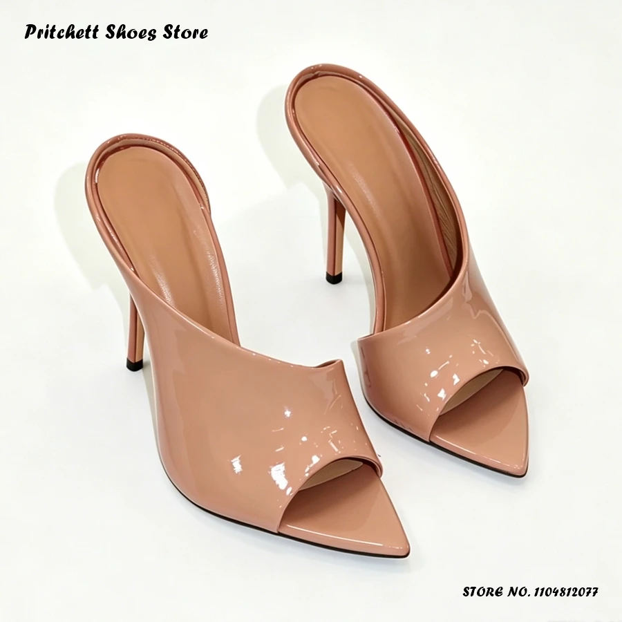Damen-Pantoletten aus Lackleder mit Ausschnitten, elegante, einfarbige Bankett- und Büroschuhe, spitze offene Zehenpartie, dünne Absätze, Übergrößen-Slipper