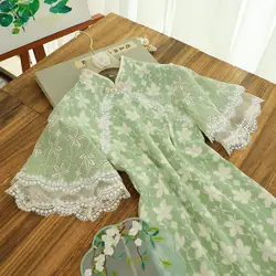 Green Chiffon Cheongsam 2022 Summer New Retro Elegant Chinese Style Lace Qipao Dress Sweet Girl Dresses Women