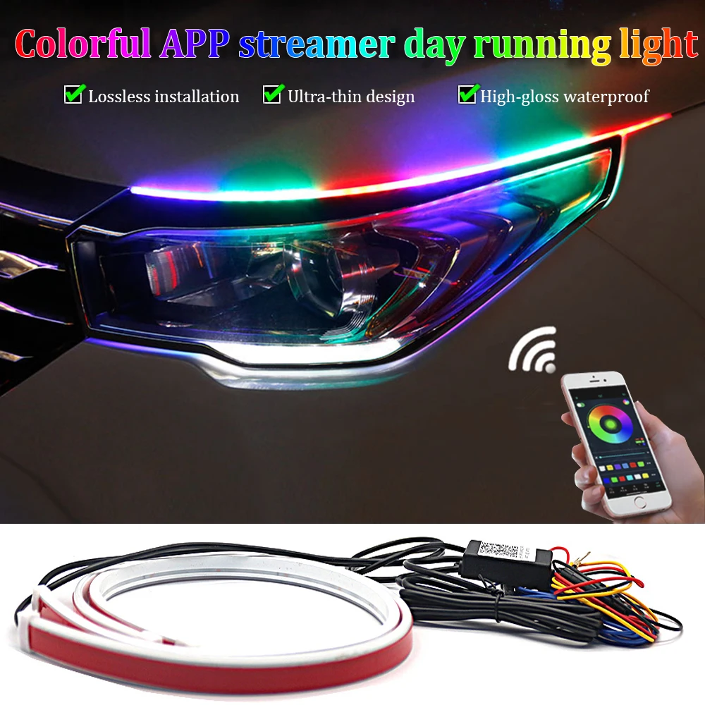 

2pcs APP Colorful Automobile LED drl Light Strip RGB Colorful Remote Control Slim Sequential Flexible DRL Turn Signal Lamp