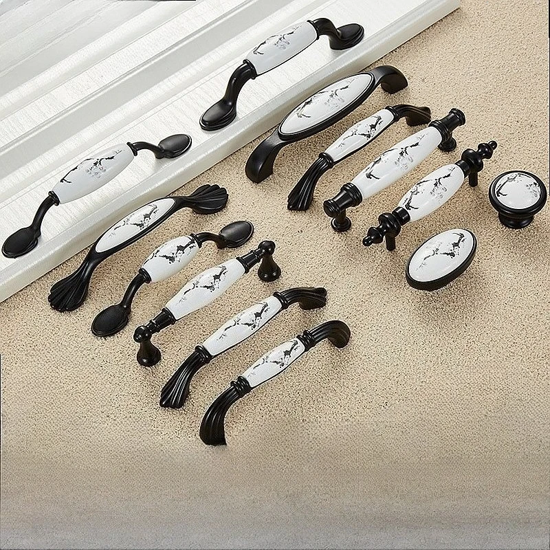 Frameless Cabinet Drawer Pull Black Landscape Ink Painting Ceramic Handle Zinc Alloy
