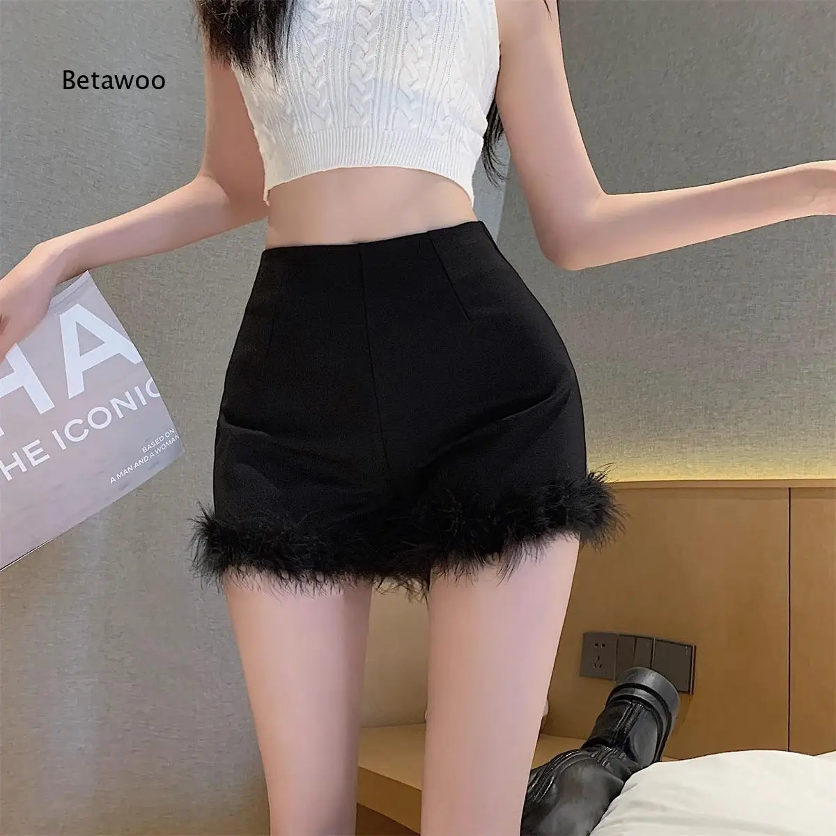Women High Waist Fuzzy Short Pants Slim Fit Hot Pants Chic American Style Versatile Boot Bottoms For Spring Outdoor Daily Club