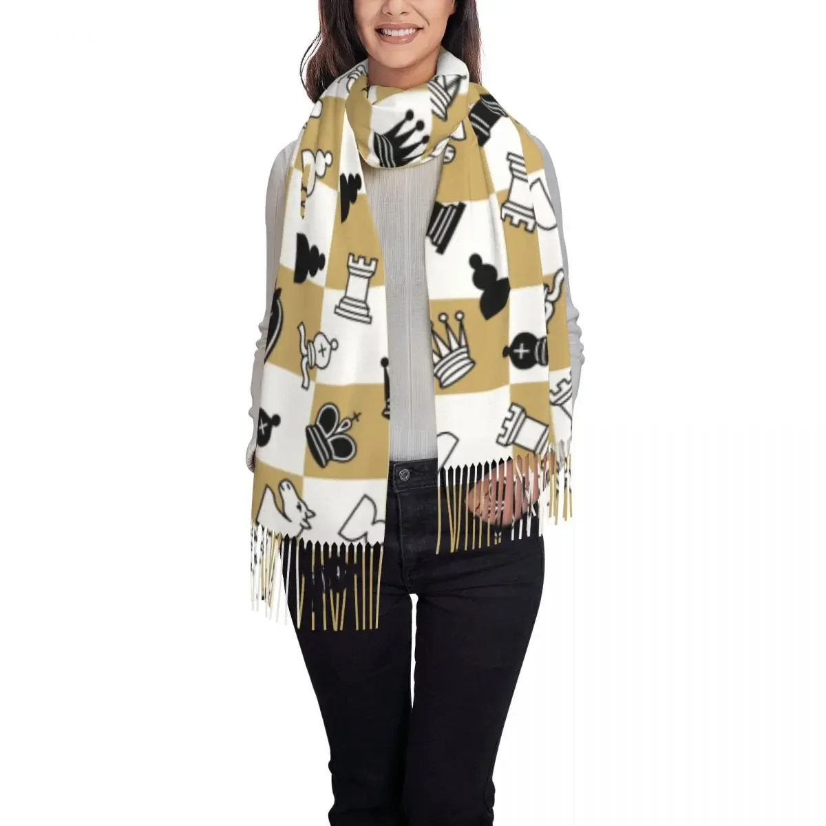 Fashion Chess Game Tassel Scarf Women Winter Warm Shawl Wrap Ladies Chessboard Board Game Scarves