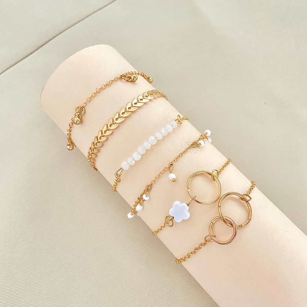 6 Piece Set Gold color Geometric Bracelet Flower Tassel Leaf Circle Bracelets For Women Bracelets & Bangles Jewelry Set 1CF3 - view 3