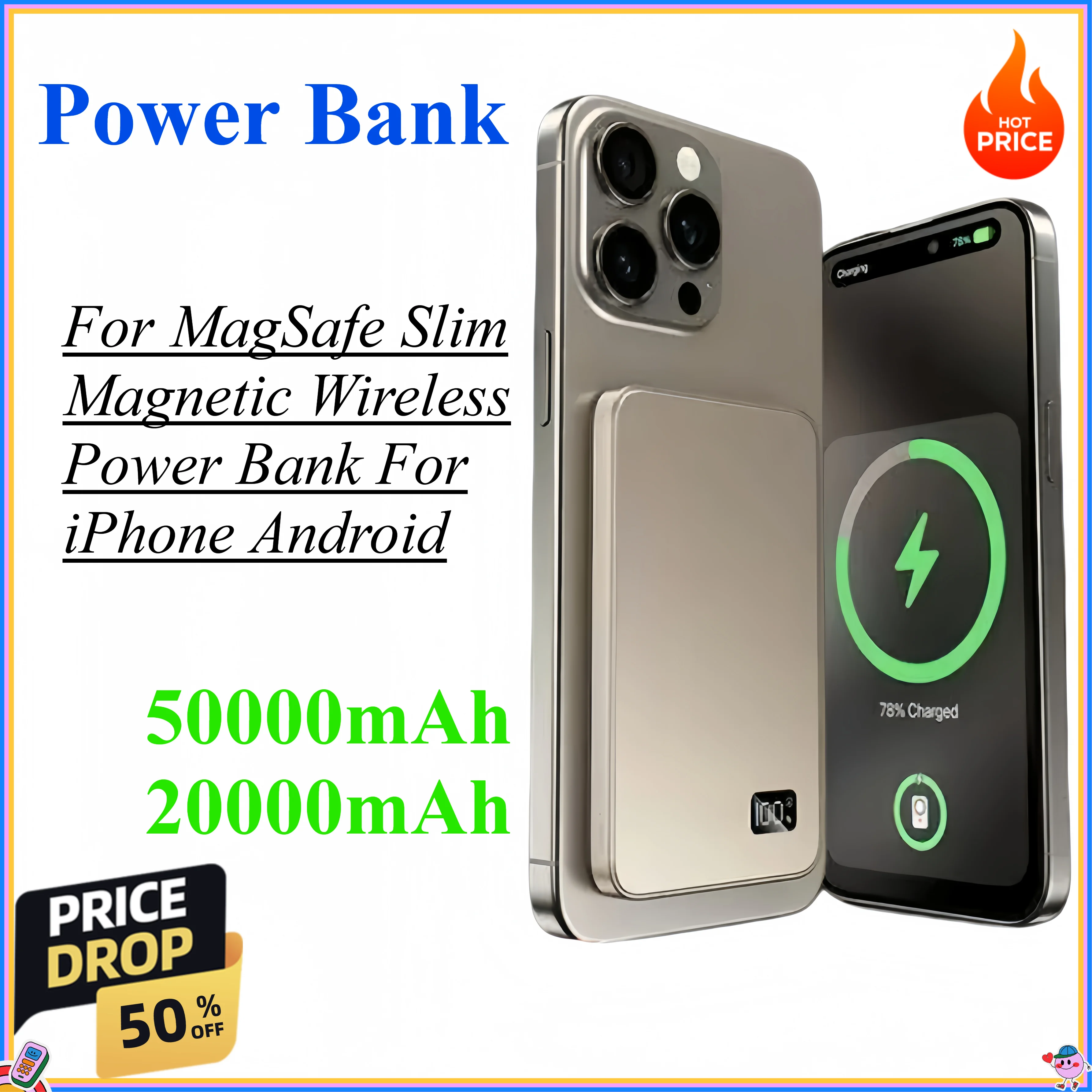 50000mAh 20000mAh Power Bank For MagSafe Slim Magnetic Wireless Power Bank External Portable Battery For iPhone Samsung