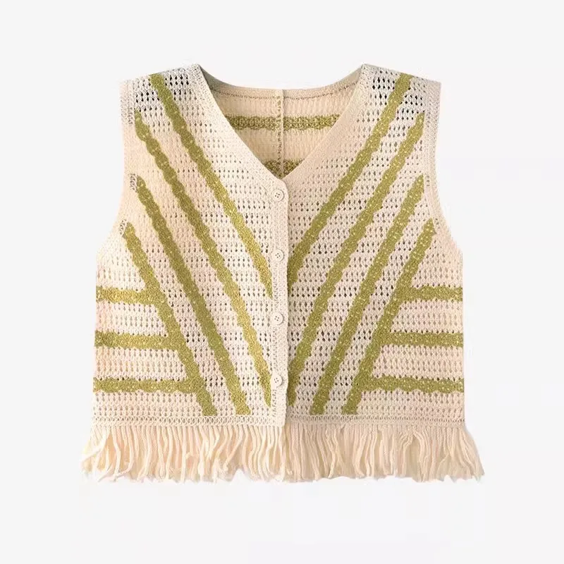 

Green Striped Crochet Cardigan with Button-up Sleeveless Sheer Open-knit Crop Vest for Women Teengirl Fairycore Vintage Outfit