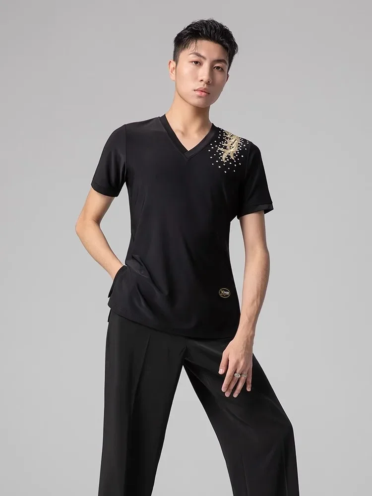 Men Male Latin Dance Practice T-shirt National Standard Dance Performance Dress Social V-neck Half Sleeve Square Dance Top 1566