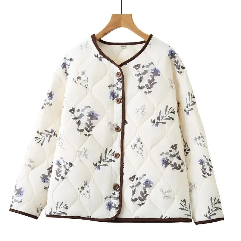

Autumn Winter New Floral Print Cotton Clothes Jacket Middle-Aged Mom Women O-Neck Warm Padded Coat Female Loose Outerwear T1674