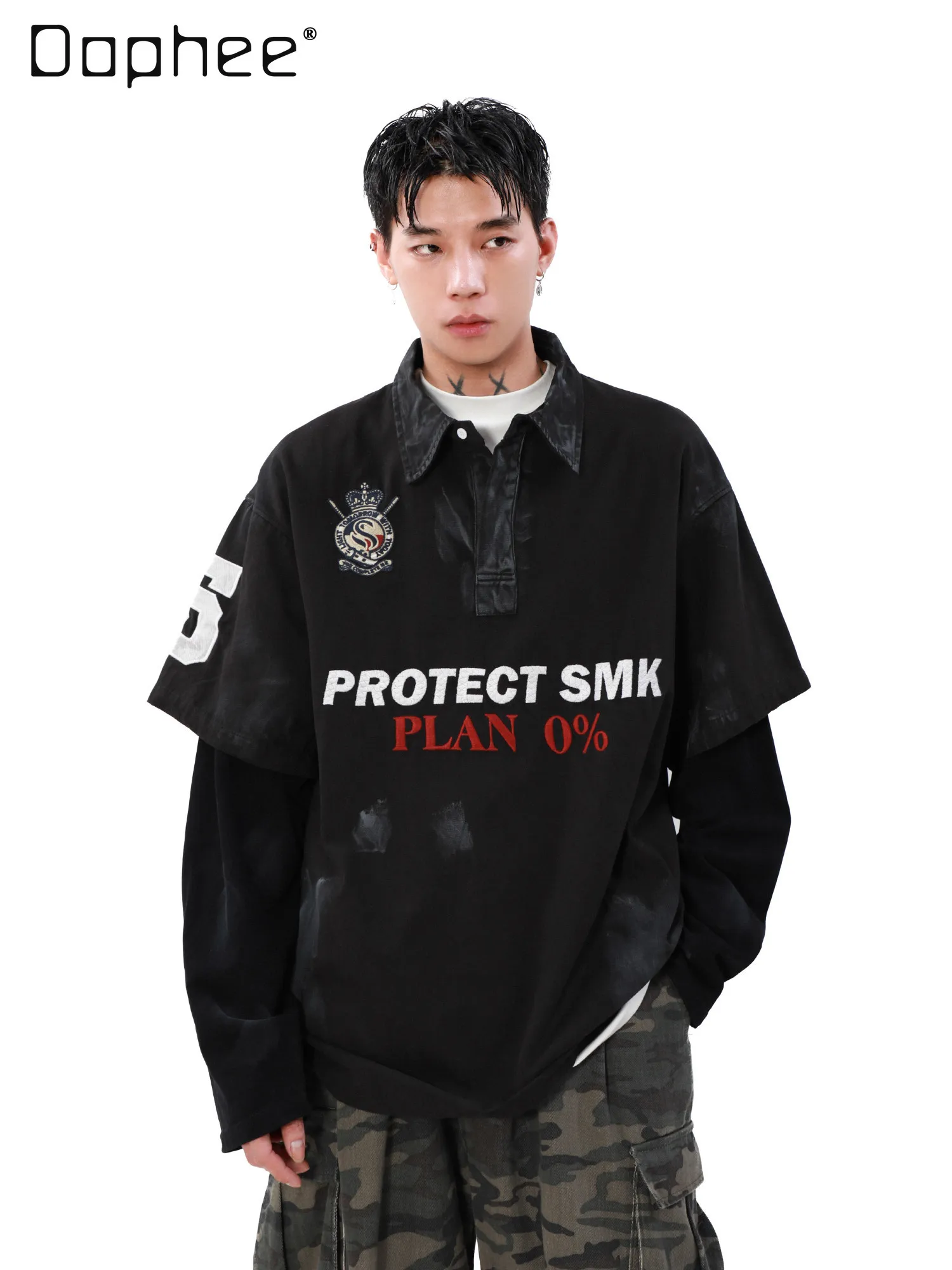 

Spring Autumn American Retro Sports Style Men's Black Blue Letter Print Faux Two-Piece Turn-Down Collar Long Sleeve Polo Shirt