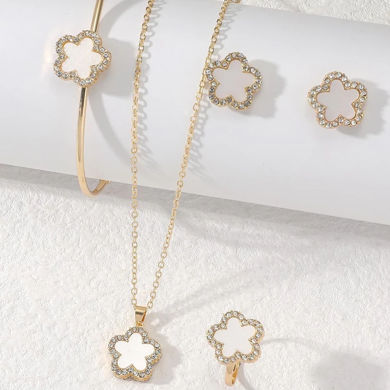 4 PCS Set Flower Shape Pendant Earring Ring Bangle Set Crystal Stone Necklace Earring Stud Cuff Bangle Open RingJewelry Set image 4