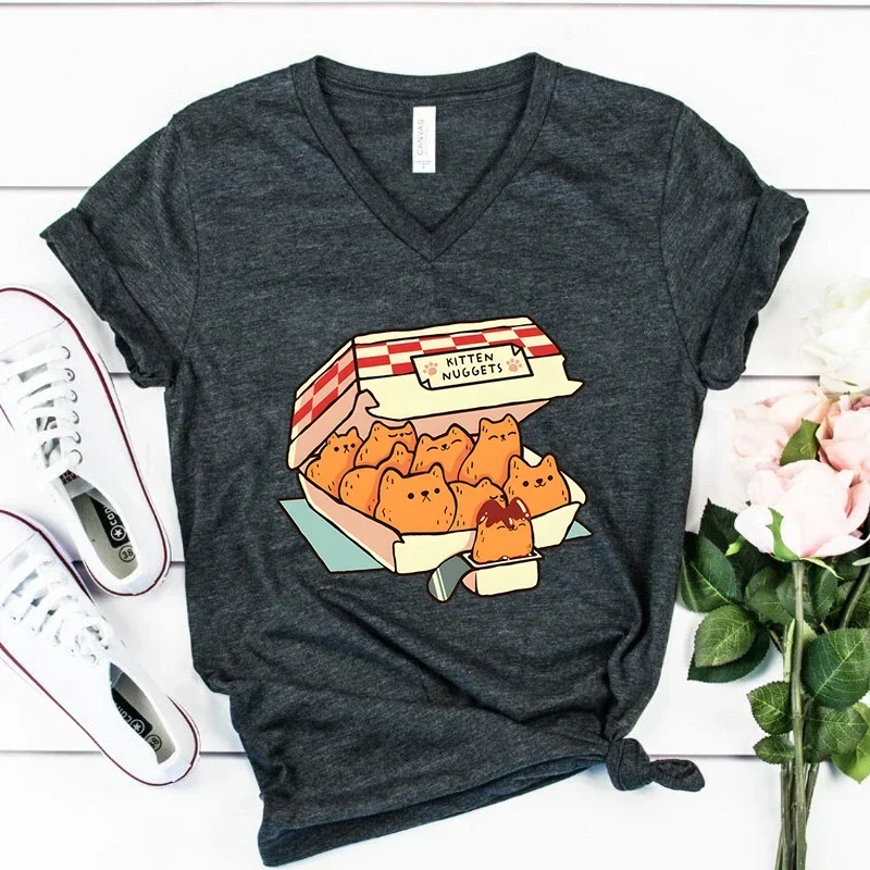 Kätzchen Nuggets Fast Food Katze T-Shirt Frauen Harajuku T-Shirts Femme Mode T-Shirts Grafik T-Shirts V-Ausschnitt T-Shirts Camisetas