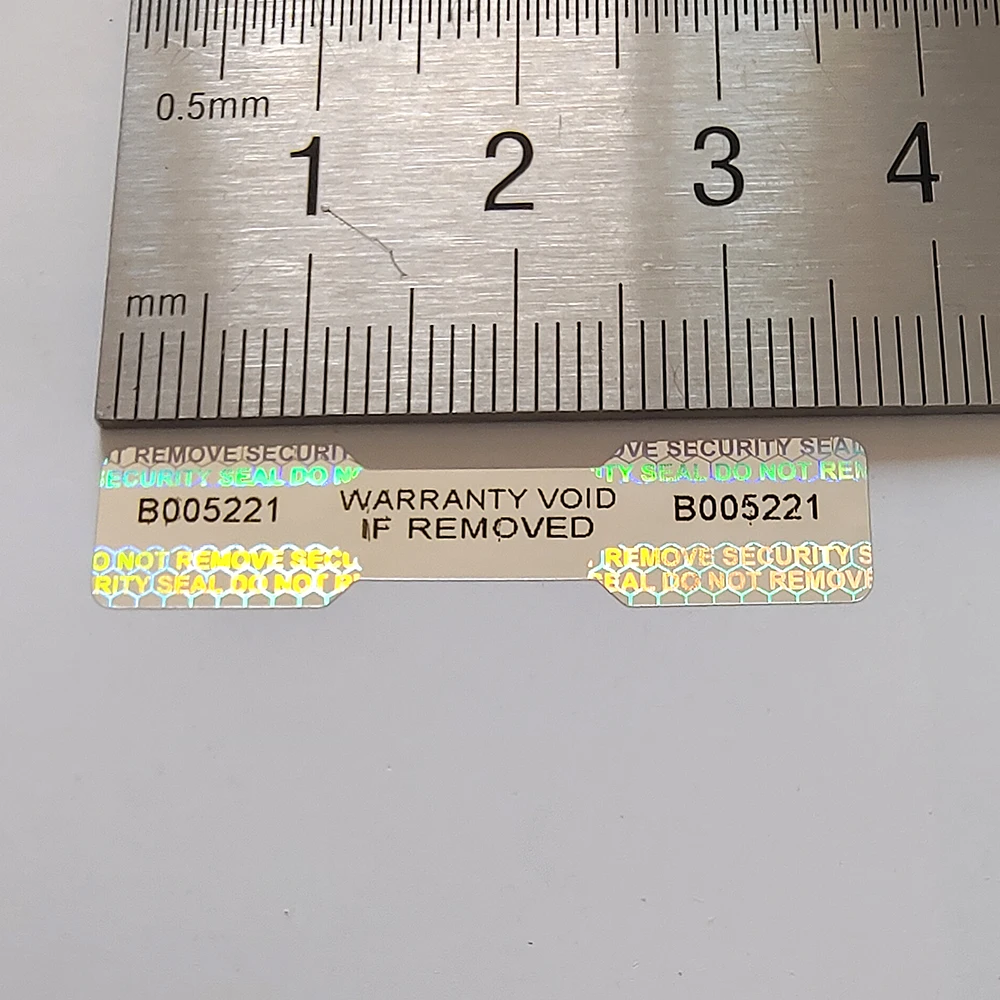 Imagem -03 - Selo de Segurança Dogbone Prata Holograma Adesivo à Prova de Violação Número de Série Vazio Etiqueta Evidente de Violação Esquerda 100 Peças 36x8 mm