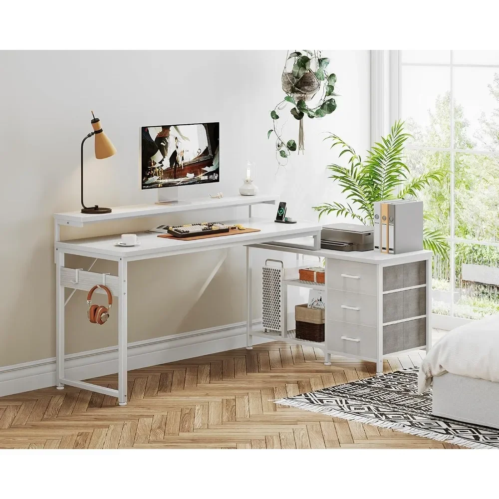 70 Inch L Shaped Computer Desk with Power Outlets & USB Charging Ports, Reversible L-Shaped Corner Desk with Drawers