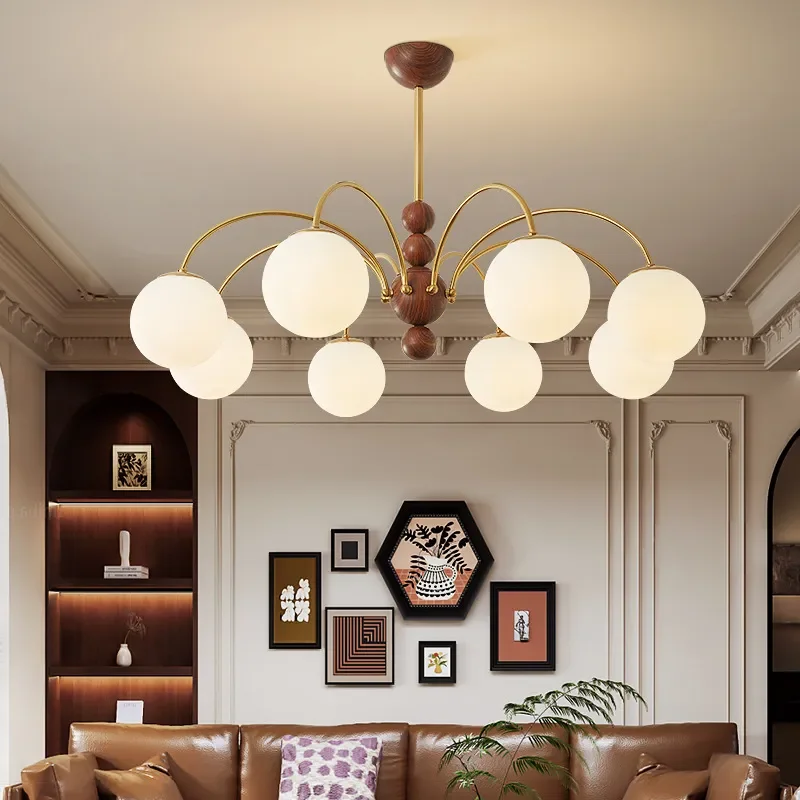 French Antique Living Room Lamp for Retro American Walnut Glass Magic Bean Dining Room Cream Wind Bedroom Chandelier