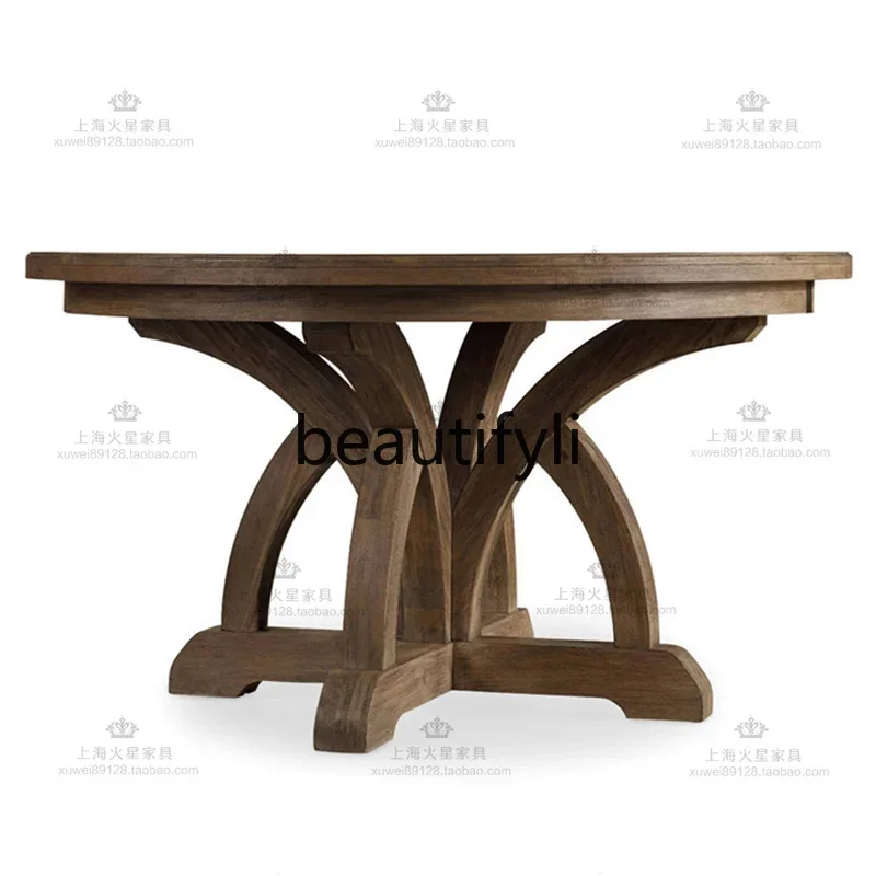 

American rural solid wood round dining table European retro dining table French simple round dining tableD06