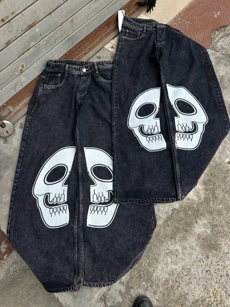 

Y2k retro hip-hop wide-leg jeans with skull print design for men American fashion Gothic punk street couple trend baggy jeans