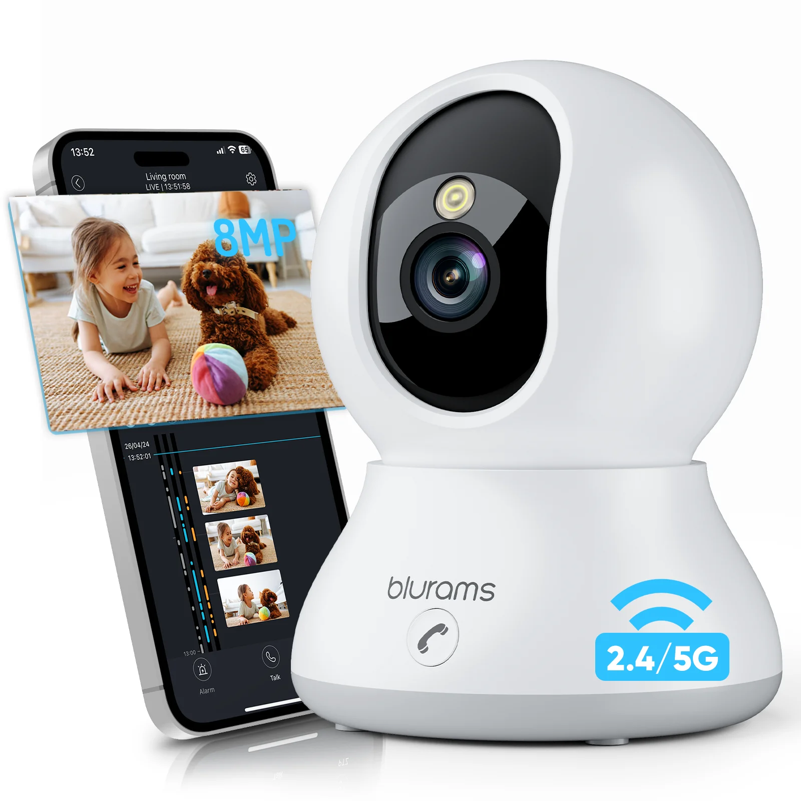 blurams 4K 8MP 2.4G/5G WiFi  Smart Detection Security Camera Indoor, PTZ Continous Recording, Color Night Vision,Google Play