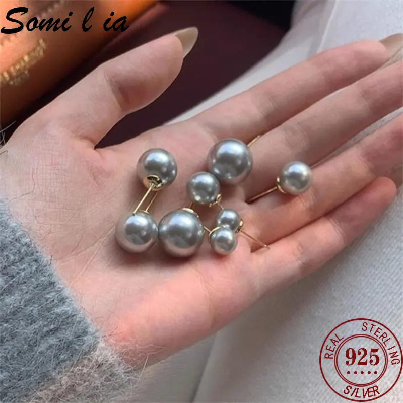 SOMILIA 925 Sterling Silver Freshwater White Pearl Stud Earrings Gray Ball Earrings For Women 18K Gold Jewelry  SML00241008C