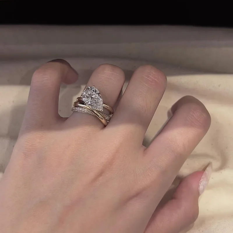 2Ct EF-VS Pear Cut 14K Yellow Gold Lab Grown Diamond Unique Retro Gold Multi-Layer Crossed Ring for Women Beautiful Jewelry