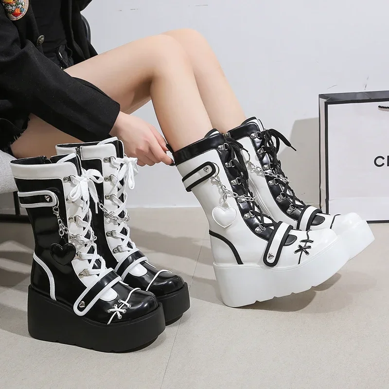 Kawaii Sweet New Gothic Platform Mid Calf Boots Women Street Autumn Wedges High Heels Punk Boots Girls Cute Cosplay Women Shoes