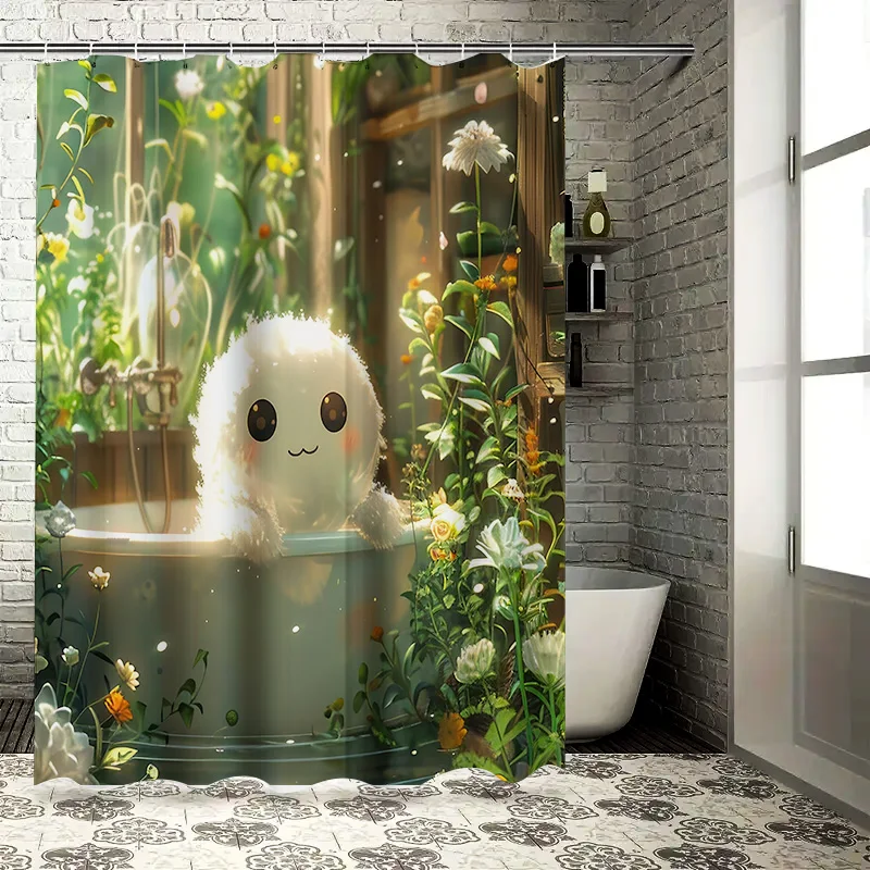 Adorable Cute Creature Shower Curtain for Bathroom - Soft and Plush Design with Floral Background Waterproof  Durable Easy-Clean