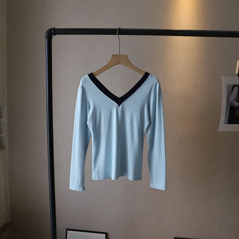T-shirt a blocchi di colore da donna autunno con scollo a V impiombato a maniche lunghe T-shirt elastiche Coreano Moda casual Base semplice Pullover Top
