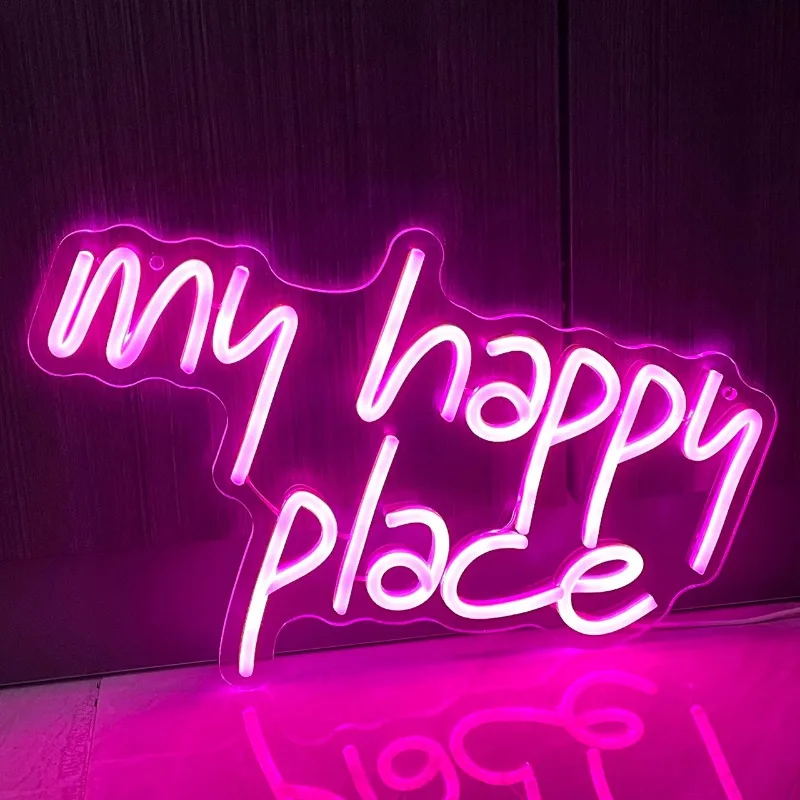 Imagem -02 - Happy Place Neon Sign Led Light up Decoração da Parede Luzes Cor de Rosa Cartas Acessório Estético Quarto Branco my