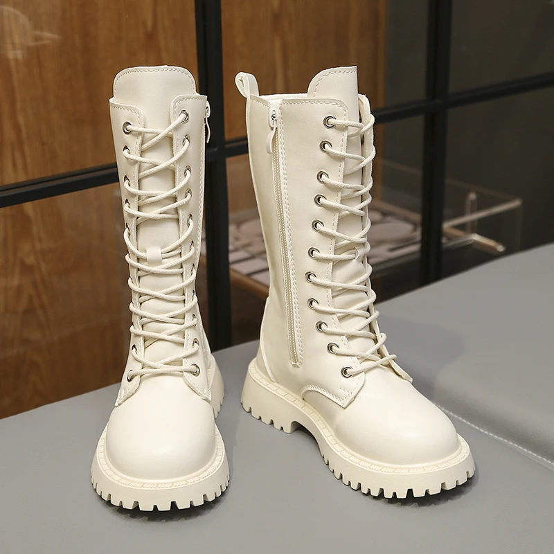 2026 New Girls' Solid Color Classic Anti-slip Knee Boots Spring and Autumn Fashion Front Lace Design Thick-soled Boots