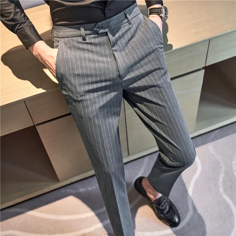 Men Boutique Black Striped Suits Pants Male Formal Wear Wedding Dress Trousers Quality British Style Business Casual Suit Pants