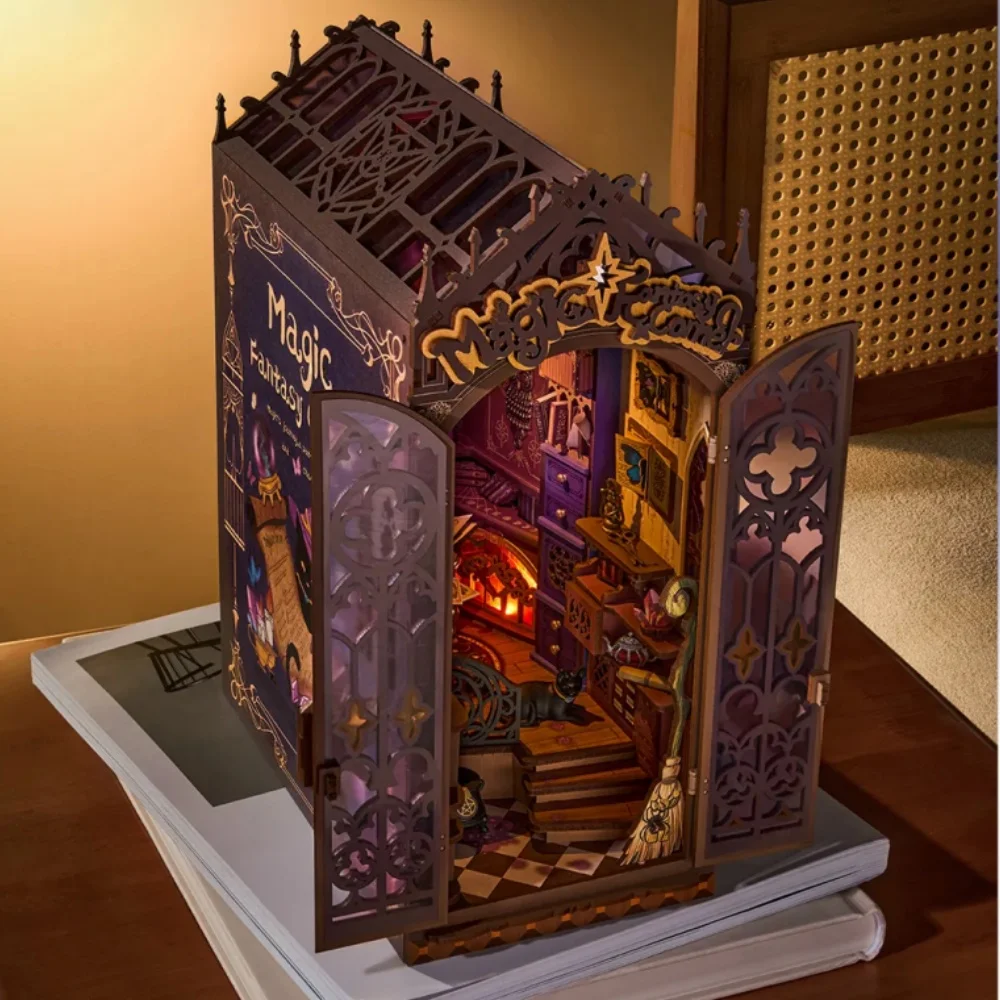 Robotime Rolife Kit angolo libro Magic Fantasy Corner Booknook fai da te con luci Kit casa in miniatura Puzzle in legno 3D Scaffale regalo