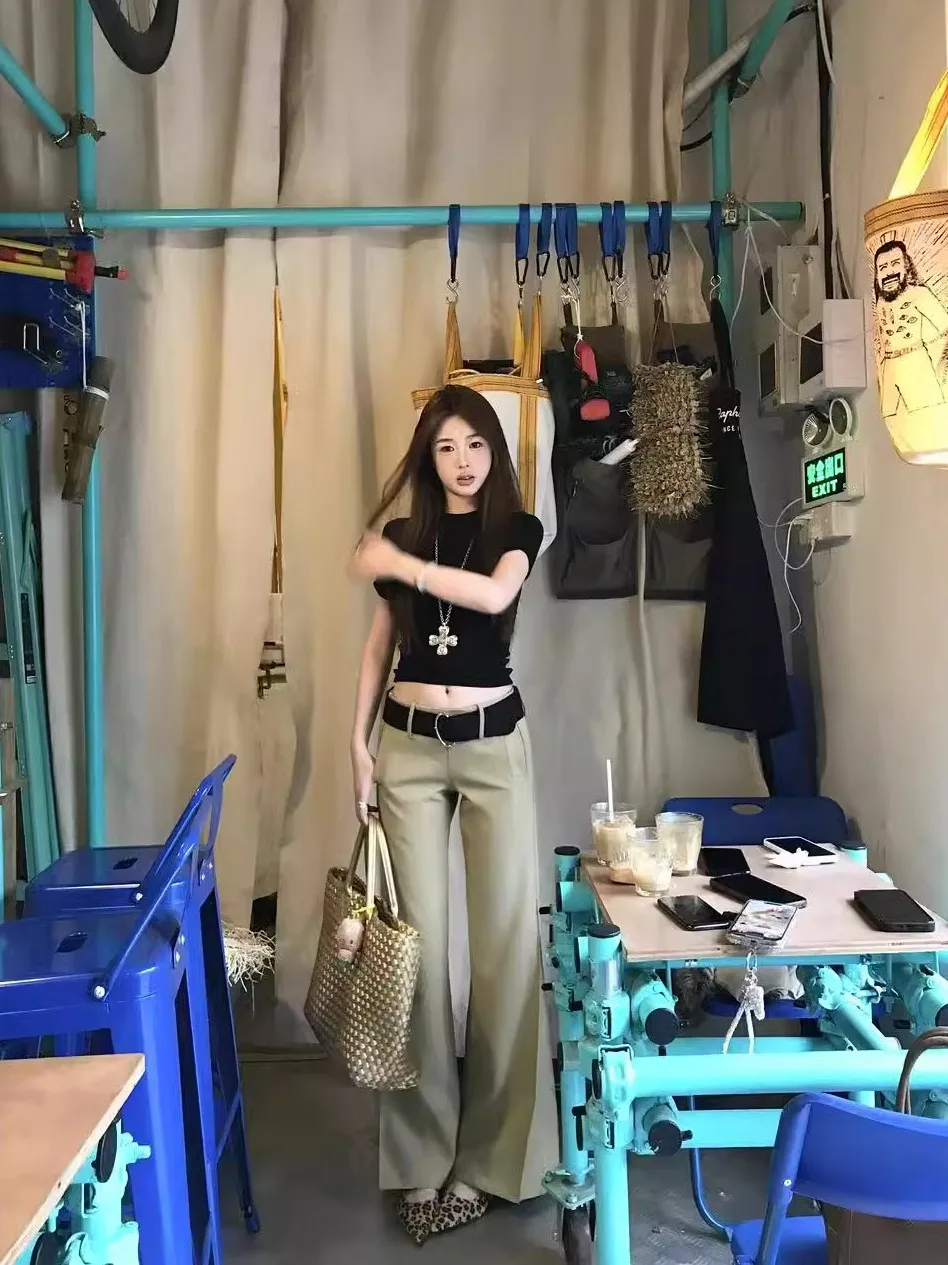 American Style Vintage Low Rise Flare Pants for Women Streetwear Y2K Aesthetic Cargo Trousers Black/Gray/Khaki