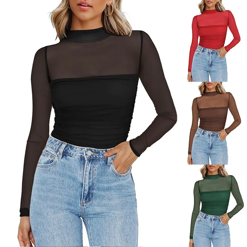 Women's Solid Color Sheer Mesh Round Neck Slim Fit Knit Blouse T-shirt Woman Top for Women in Black Red Brown Olive Green
