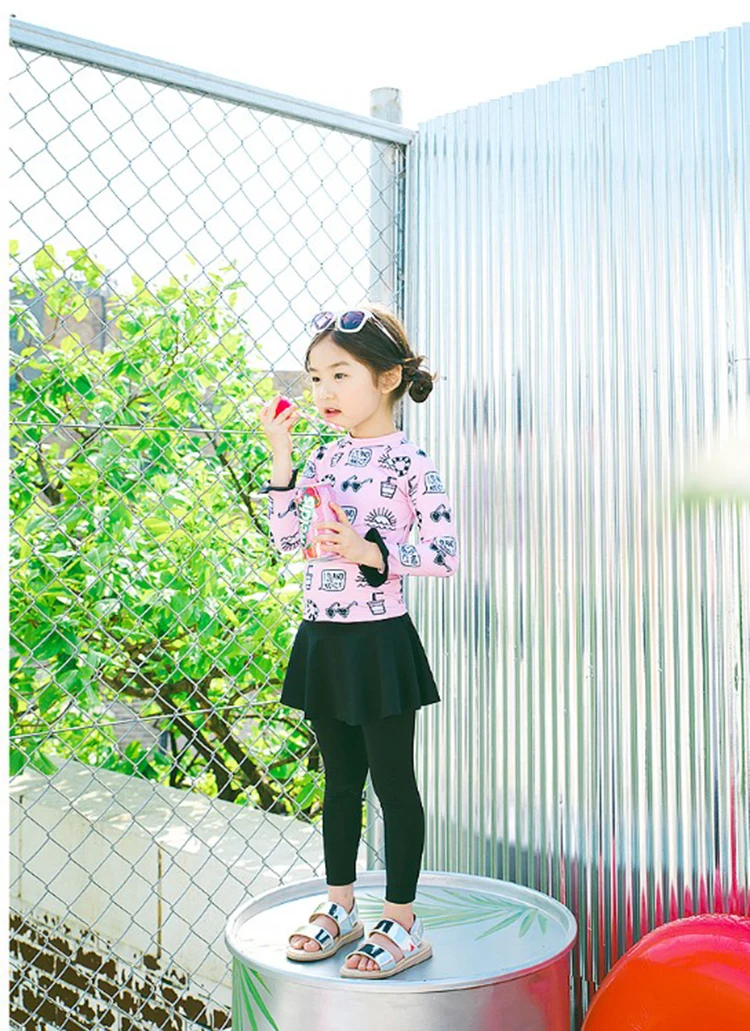 Korean Style Children's Swimming Suit Girls' Two-Piece Skirt Style Long Sleeve Sun Protection Baby Small Children Student Set