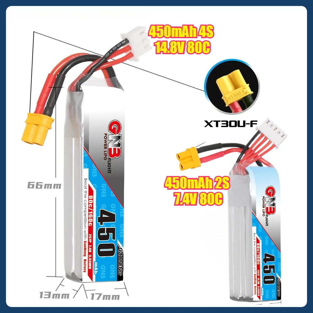 

450mAh 80C 2S 7.4V/4S 14.8V LiPo Battery for Tinyhawk II Small Helicopter Multirotor Mini Micro FPV with XT30 Connector