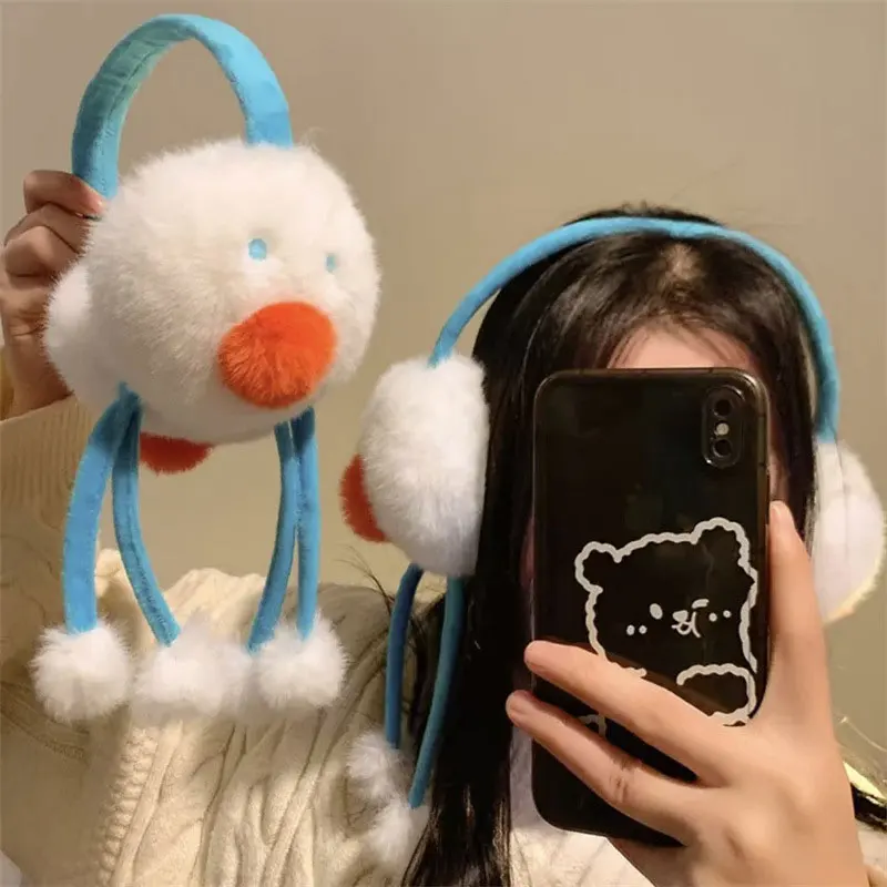 Penutup Telinga Boneka Manusia Salju Lucu - Penghangat Telinga Musim Dingin dengan Pom Pom, Aksesori Natal yang Meriah untuk Wanita & Anak Perempuan