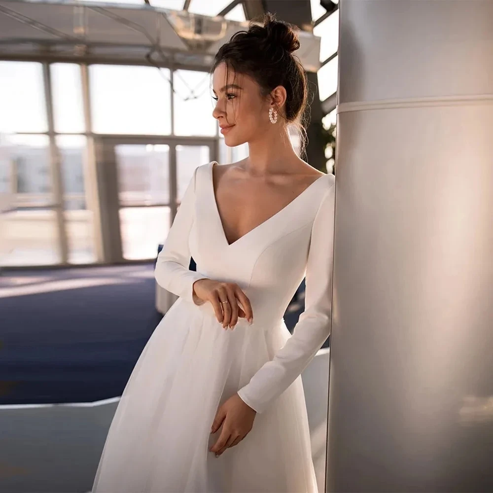

Simple Elegant Wedding Dresses Long Sleeves V Neck Ankle Length Outdoor Bridal Gowns Zip Back Robe De Mariée Customized