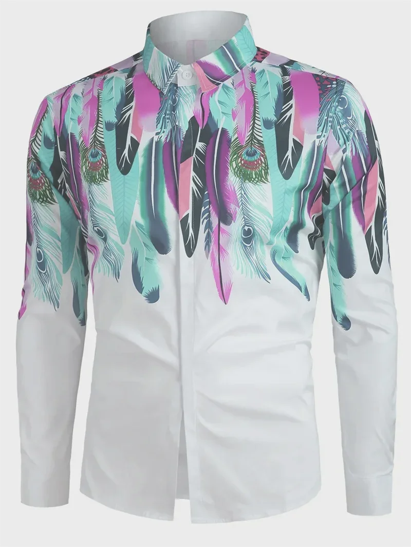 الرجال جديد الخريف التدرج الطبيعي الأبيض ثلاثية الأبعاد قميص مطبوع بأكمام طويلة التلبيب بسيط الأعمال عادية حفلة في الهواء الطلق قميص علوي