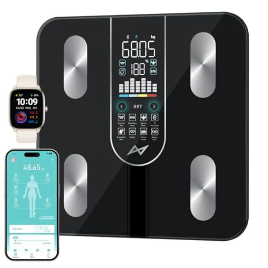 

Smart Digital Bathroom Scale 4-Electrode for Body Weight with BMI Body Fat Muscle Mass 7-in-1 Large VA Display Black Body Compo